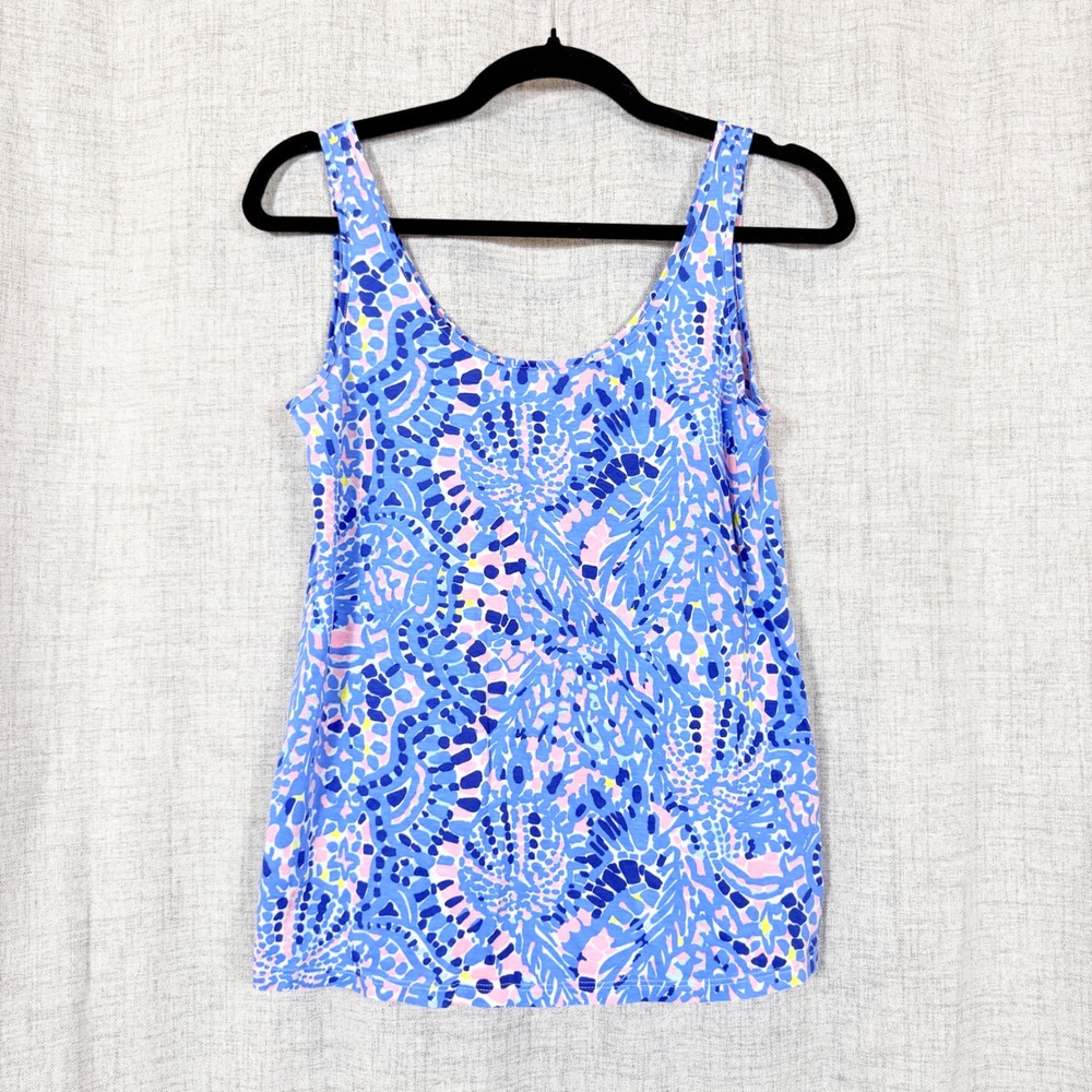 Lilly Pulitzer Floral Tank Top Sz XS Blue Pink Pima Cotton Preppy Summer Coastal